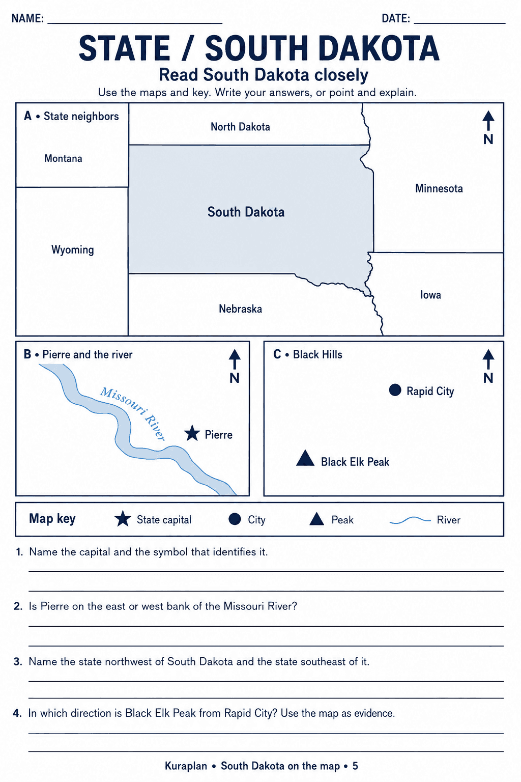 Three separate South Dakota views show neighboring states, Pierre beside the Missouri River, and Rapid City relative to Black Elk Peak; four evidence questions follow.