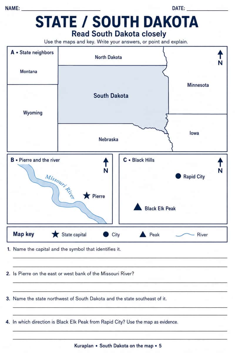 Three separate South Dakota views show neighboring states, Pierre beside the Missouri River, and Rapid City relative to Black Elk Peak; four evidence questions follow.