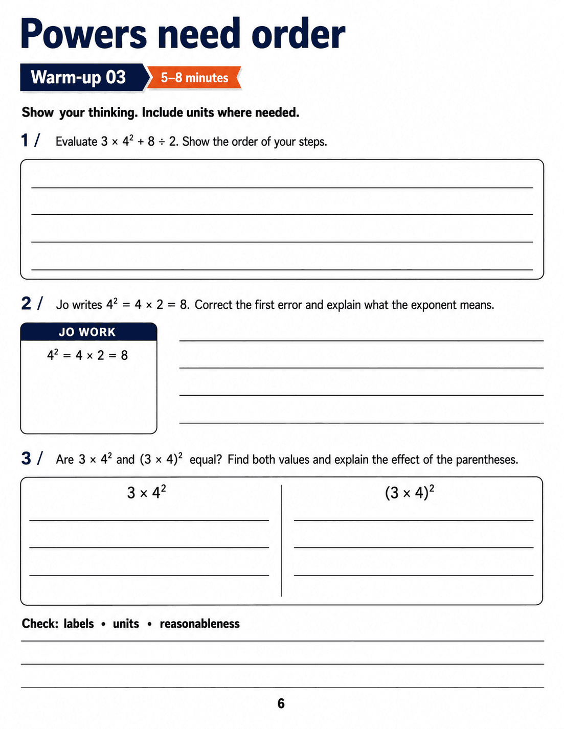 Powers need order: Grade 6 math warm-up. Evaluate a numerical expression, diagnose an exponent error and explain how parentheses change the base of a power. Includes three numbered tasks and space to explain reasoning.