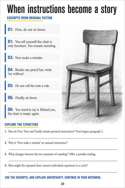 Seven narrative excerpts beside an empty wooden chair, followed by questions about instructions, repetition and uncertainty.