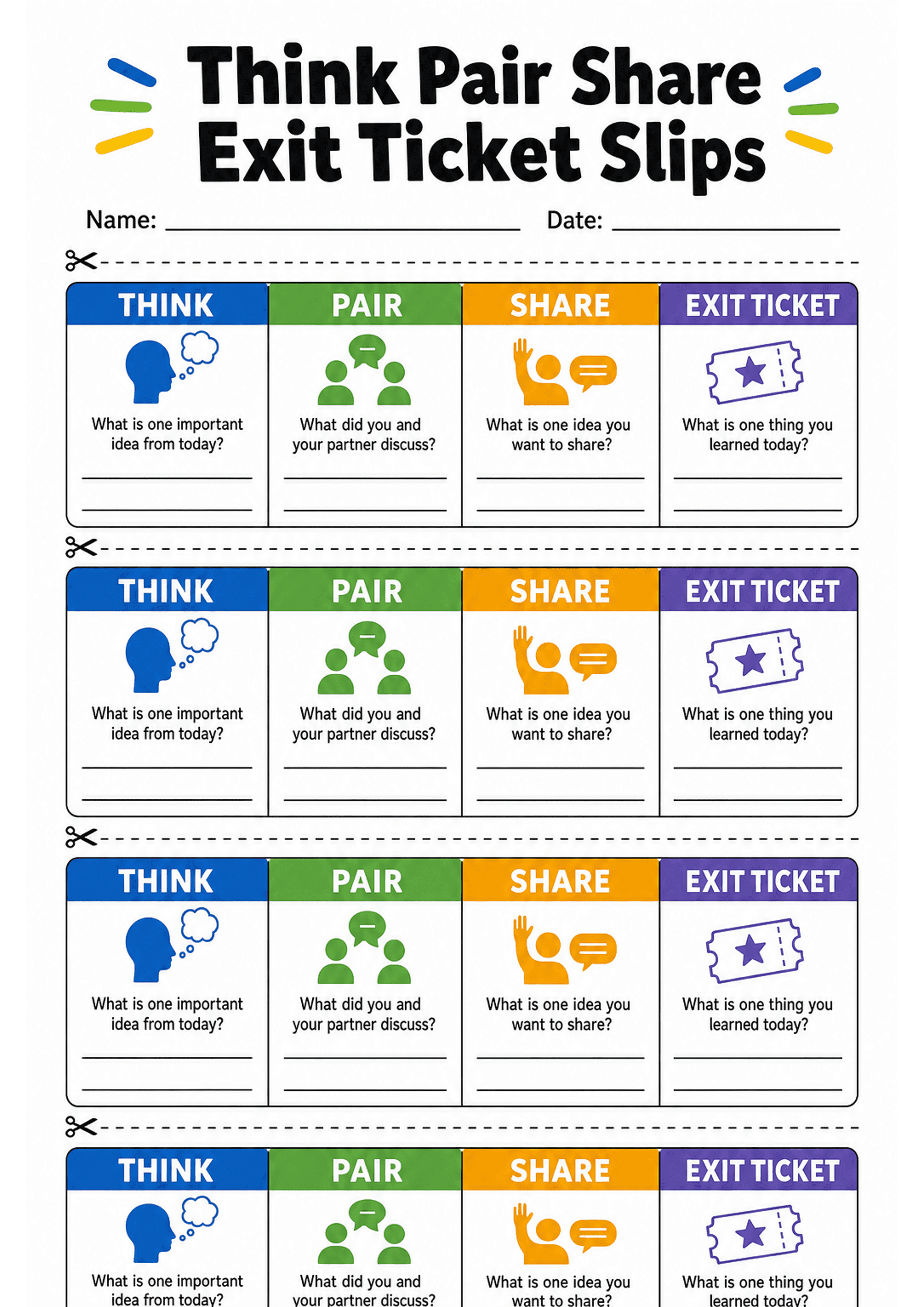 Think Pair Share Exit Ticket Slips: A4 portrait page with title and name/date lines at top, dashed cut lines and scissor icons between rows, repeated horizontal strips each containing four rounded boxes with coloured headers: blue 'THINK' (head silhouette icon) asking 'What is one important idea from today?', green 'PAIR' (group/chat icon) asking 'What did you and your partner discuss?', orange 'SHARE' (raised hand/chat icon) asking 'What is one idea you want to share?', and purple 'EXIT TICKET...