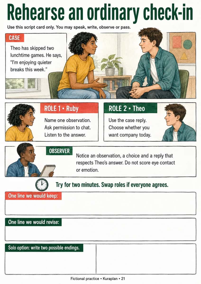 Rehearse an ordinary check-in. Practise a short fictional conversation with flexible roles