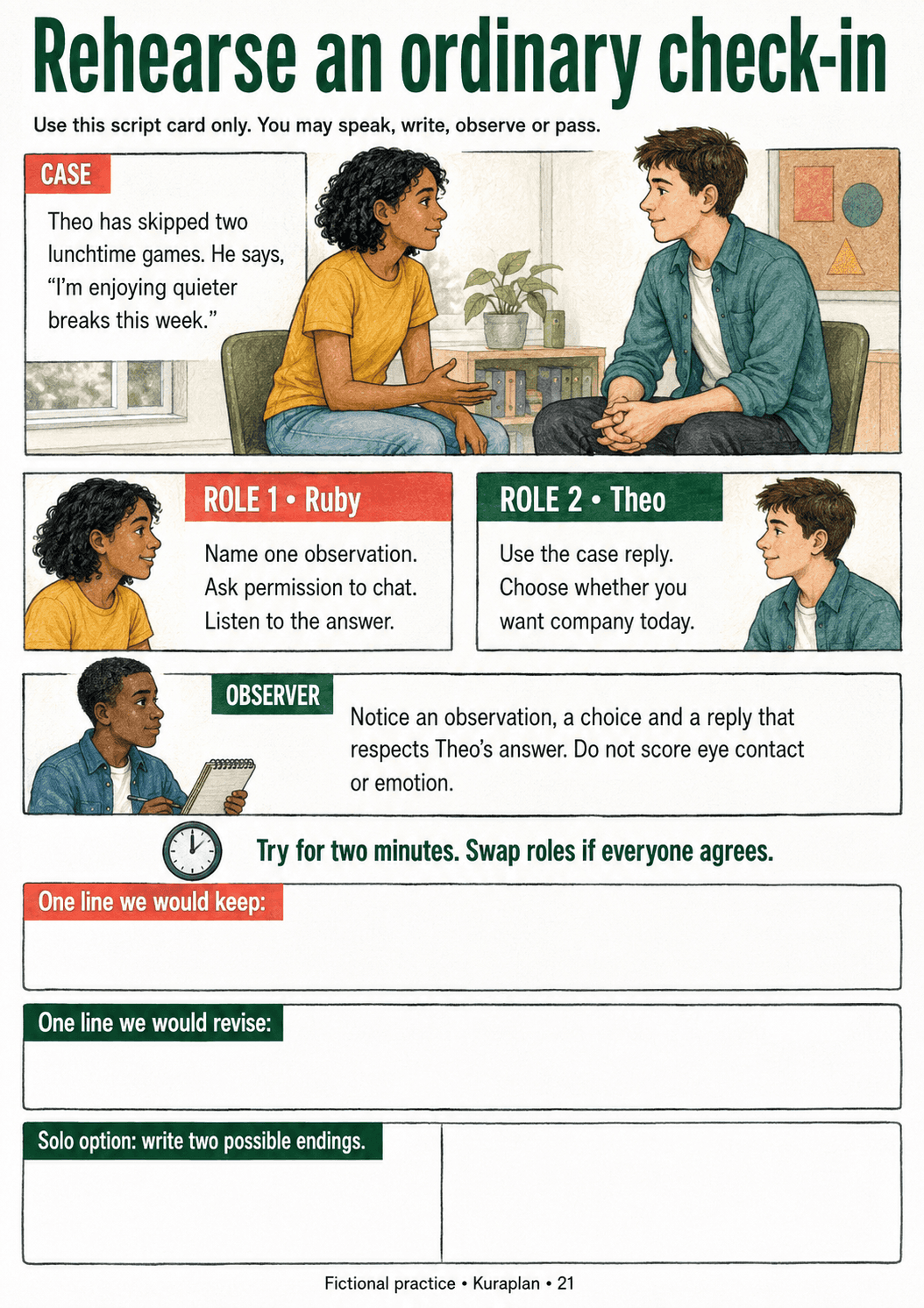 Rehearse an ordinary check-in. Practise a short fictional conversation with flexible roles