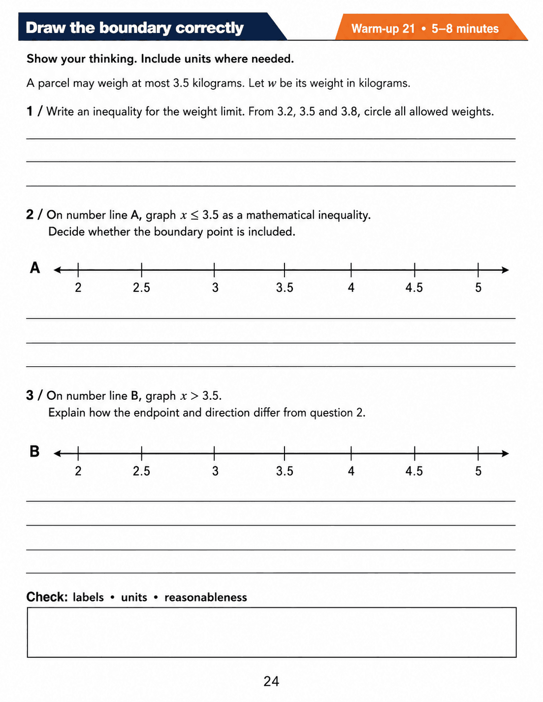 Draw the boundary correctly: Grade 6 math warm-up. Interpret a weight limit, test candidate values and draw number-line graphs for inclusive and strict inequalities. Includes three numbered tasks and space to explain reasoning.