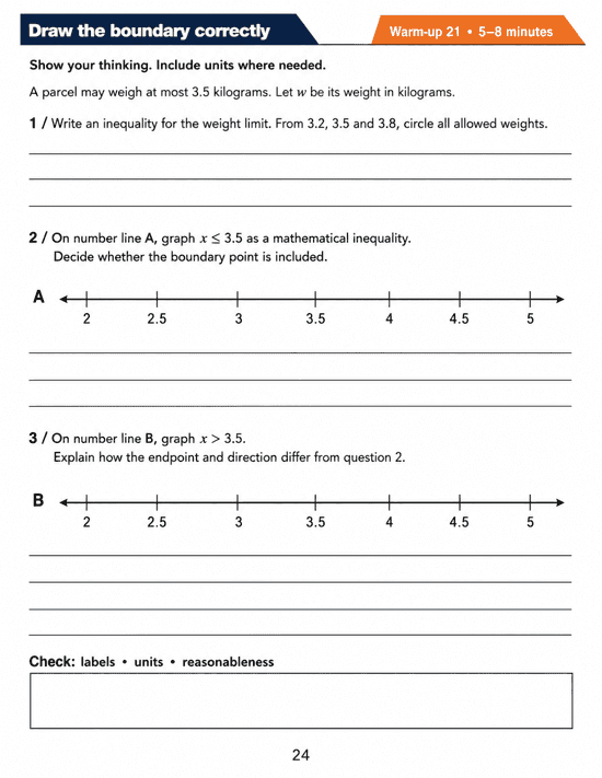 Draw the boundary correctly: Grade 6 math warm-up. Interpret a weight limit, test candidate values and draw number-line graphs for inclusive and strict inequalities. Includes three numbered tasks and space to explain reasoning.