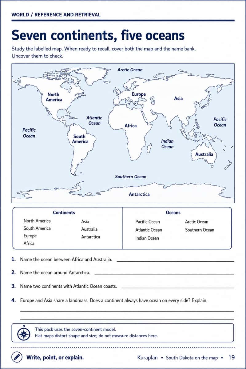 Labeled seven-continent and five-ocean world map and name bank with cover-both recall instructions and relationship questions.