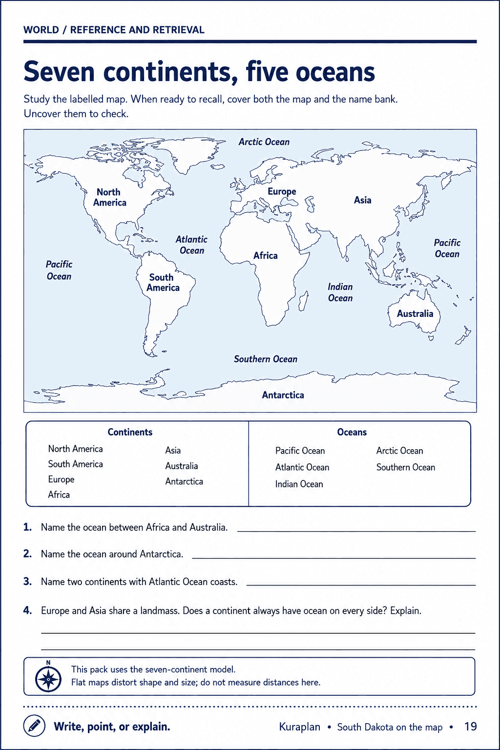 Labeled seven-continent and five-ocean world map and name bank with cover-both recall instructions and relationship questions.