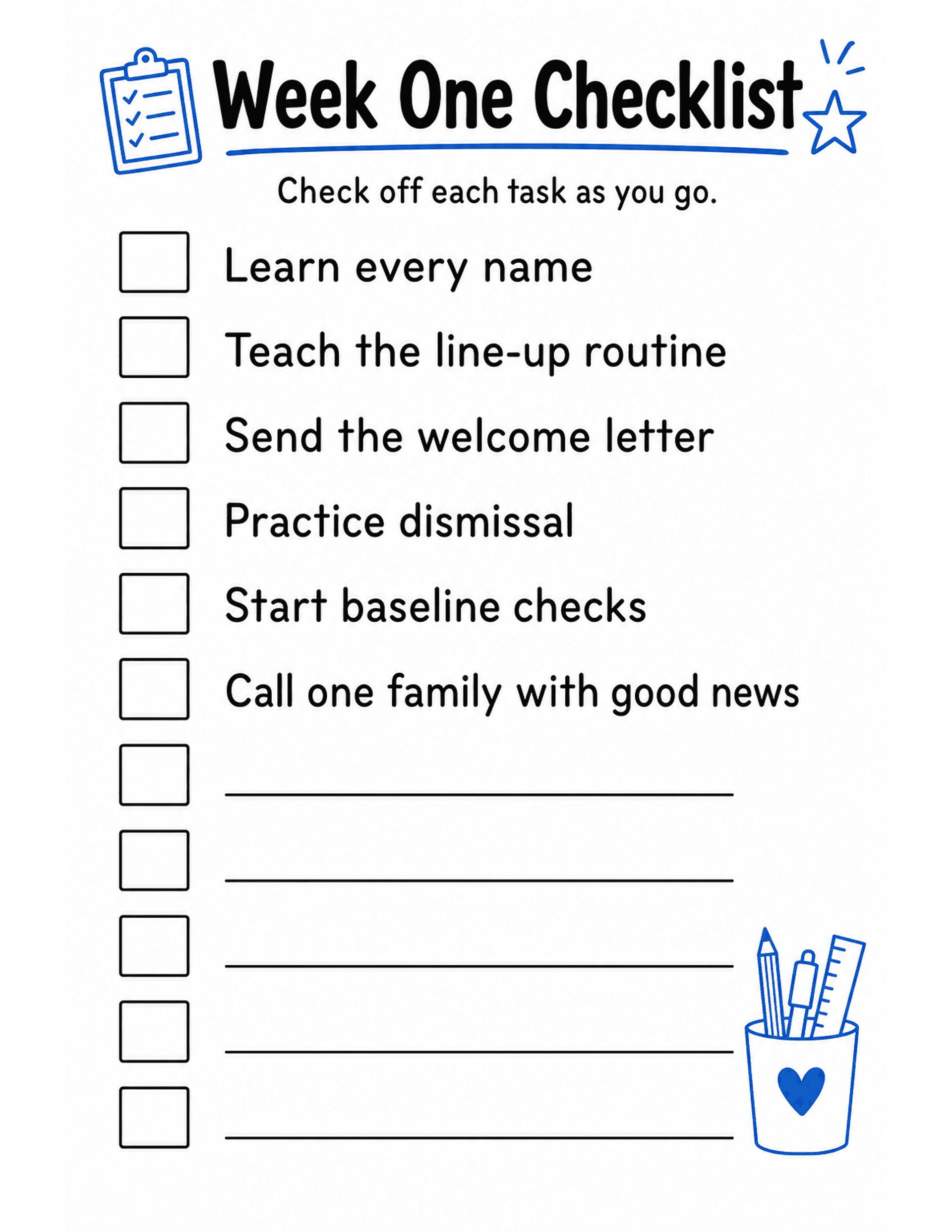 US Letter K-2 printable: Week One Checklist. Teacher to-do checklist for the first week, with checkboxes and blank rows.