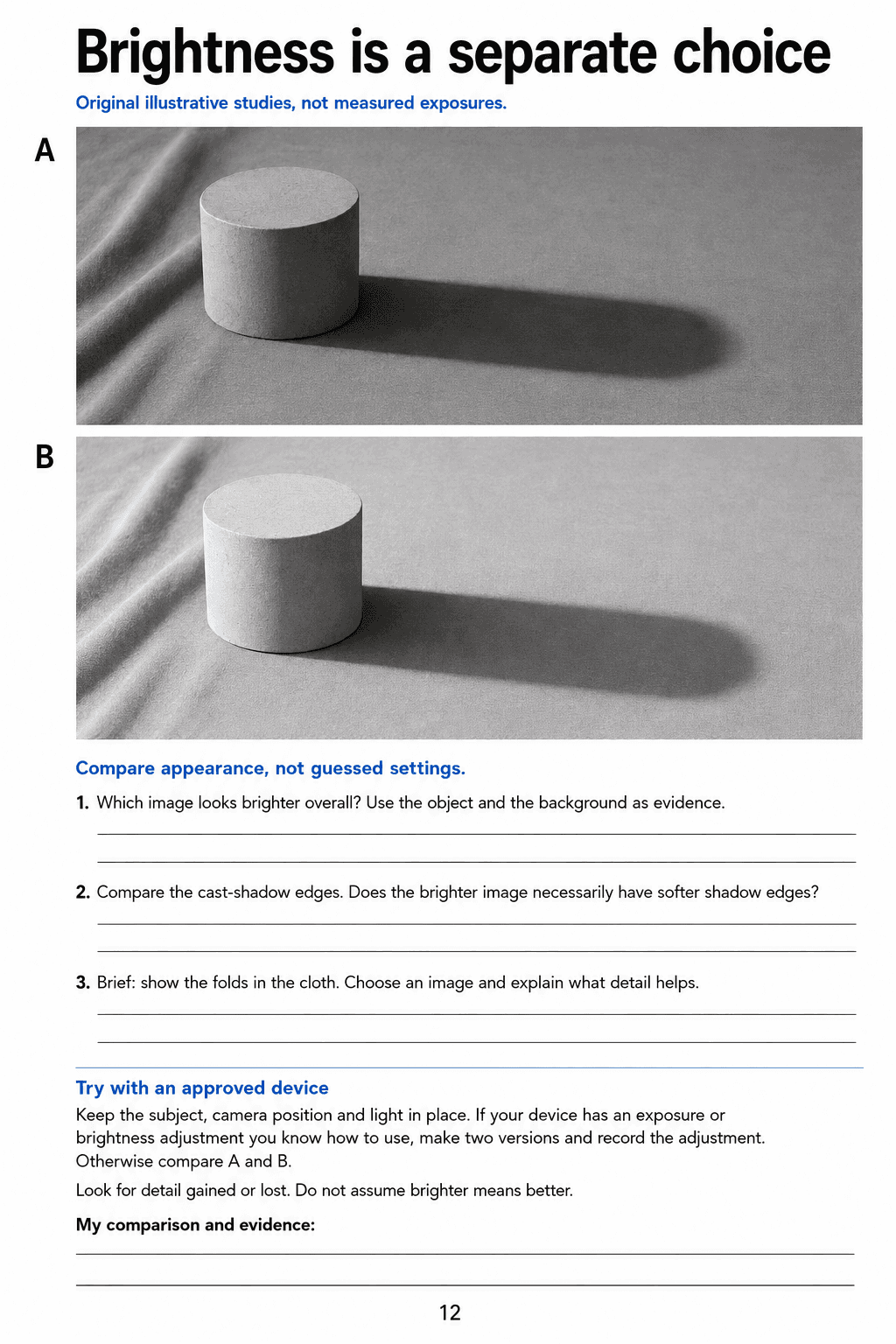 Compare brightness, shadow edges and cloth detail in two illustrative studies, then record a supported comparison or an optional device adjustment.