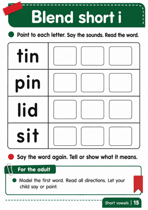 Blend and read tin, pin, lid and sit, then tell or show what each word means.
