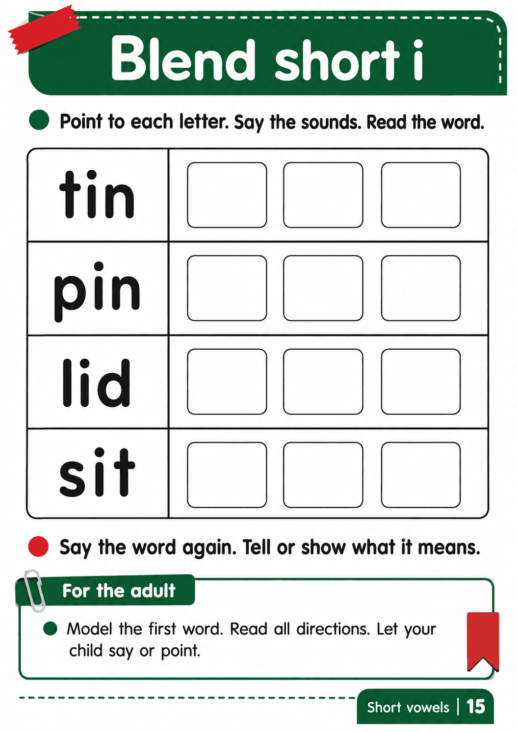 Blend and read tin, pin, lid and sit, then tell or show what each word means.