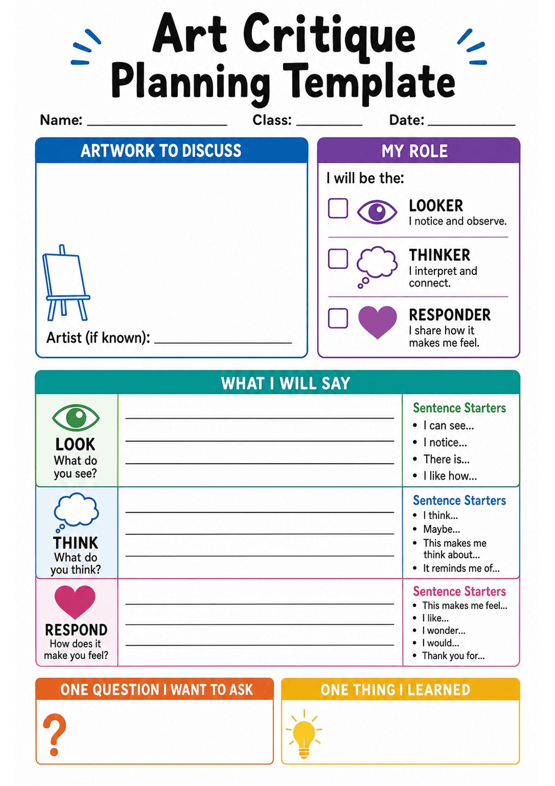 Art Critique Planning Template: A4 portrait template with header fields (Name, Class, Date); top-left large boxed 'Artwork to Discuss' area with easel icon and 'Artist (if known)' line; top-right 'My Role' purple box with three checkboxes and icons for Looker (eye) / Thinker (thought bubble) / Responder (heart) and short role descriptions. Main section titled 'WHAT I WILL SAY' divided into three horizontal rows labelled LOOK (What do you see?), THINK (What do you think?), RESPOND (How does it m...
