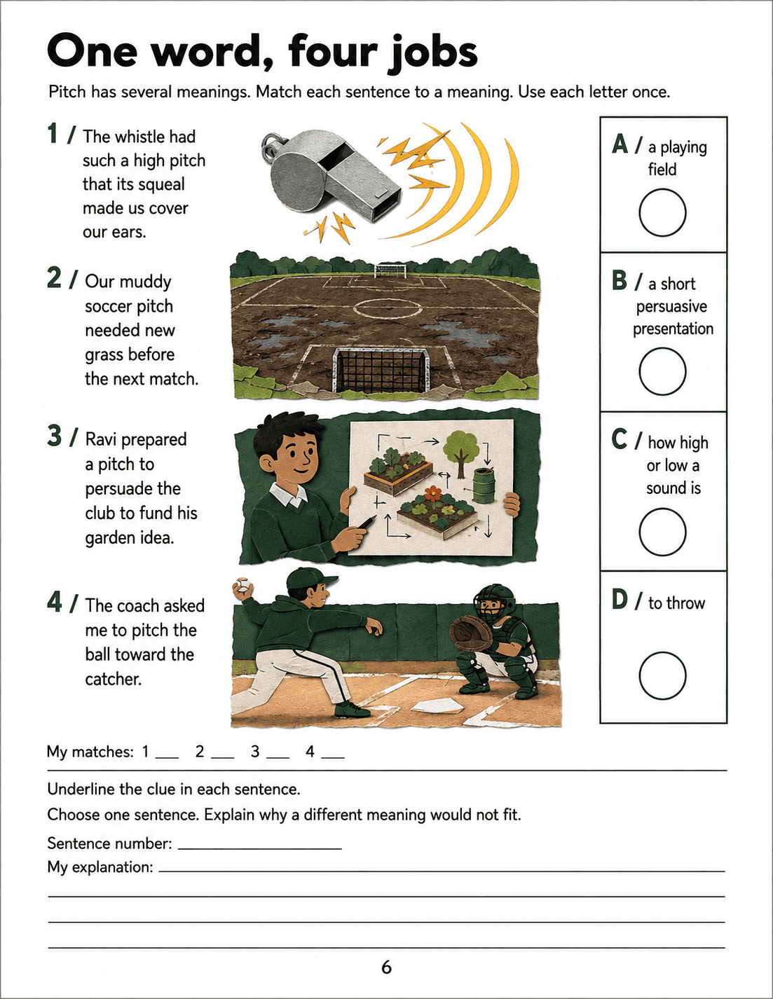 A whistle, soccer field, presentation and thrown ball illustrate four contexts for pitch.