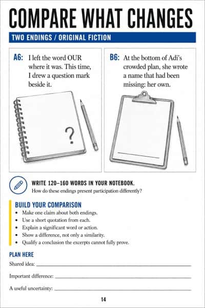 Two quoted story endings beside a question-mark notebook and blank clipboard, with comparison guidance and three planning lines.