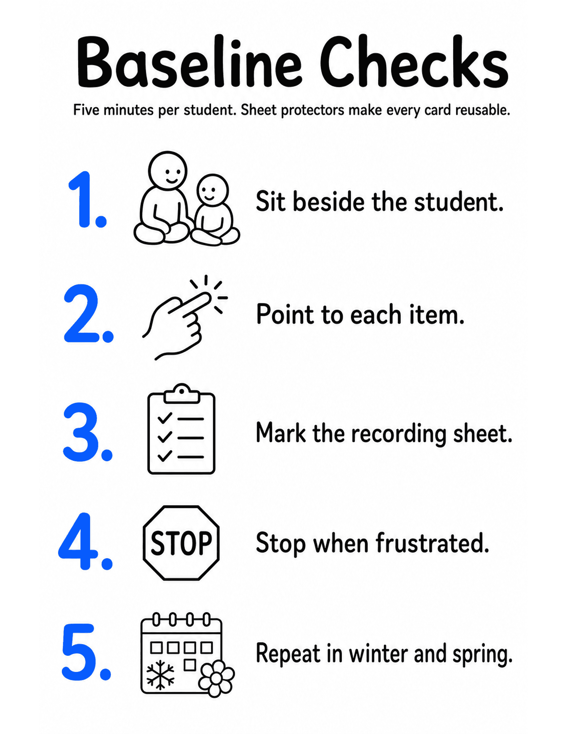 US Letter K-2 printable: Baseline Checks. Teacher directions page for the K-2 baseline assessment section.