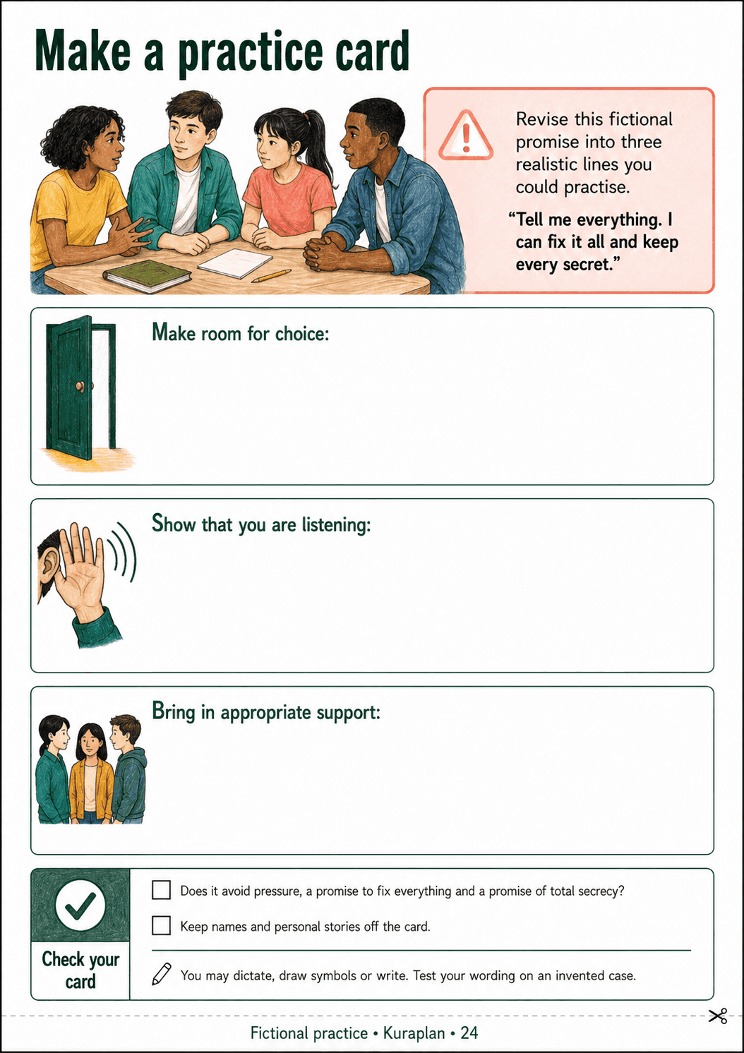 Make a practice card. Distil transferable conversation moves using a supplied fictional prompt