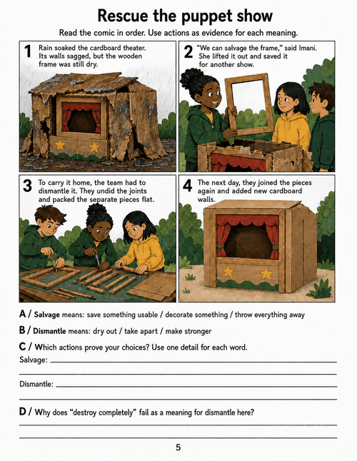 Four comic panels show children saving a dry wooden frame, taking it apart and rebuilding a puppet theater.