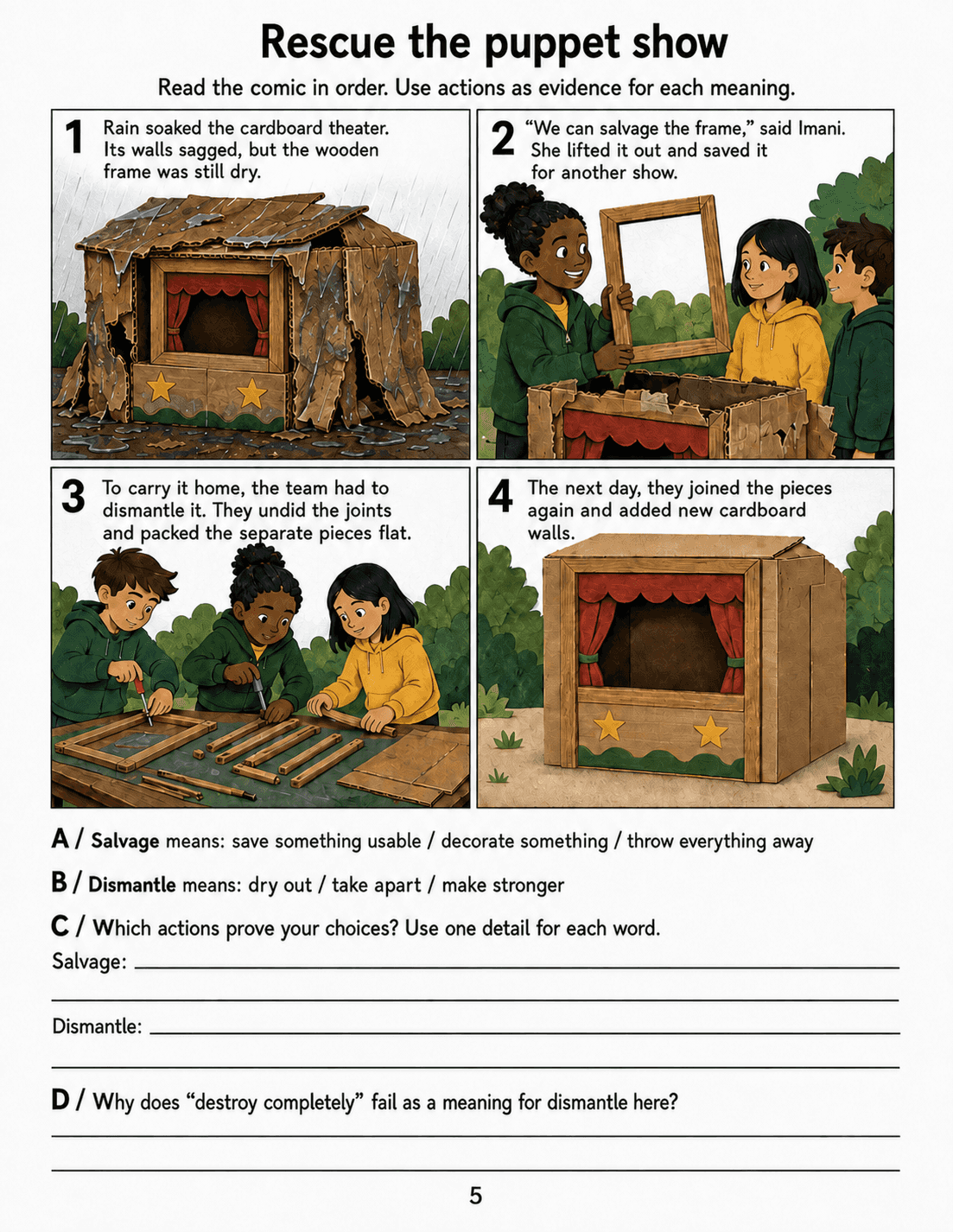 Four comic panels show children saving a dry wooden frame, taking it apart and rebuilding a puppet theater.