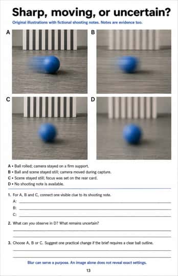 Inspect four blur studies and fictional shooting notes, separate observation from explanation, and propose a practical change for a clear subject.