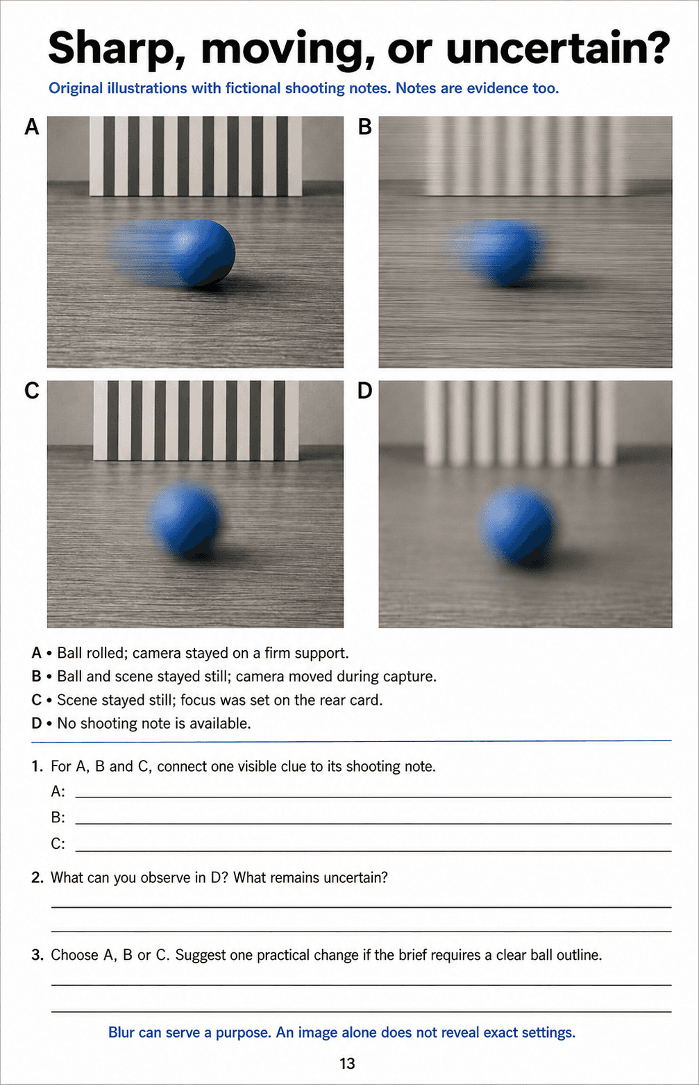 Inspect four blur studies and fictional shooting notes, separate observation from explanation, and propose a practical change for a clear subject.