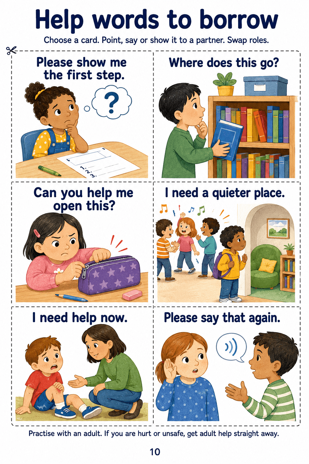 Six illustrated request cards for asking for help, repetition or a quieter place.