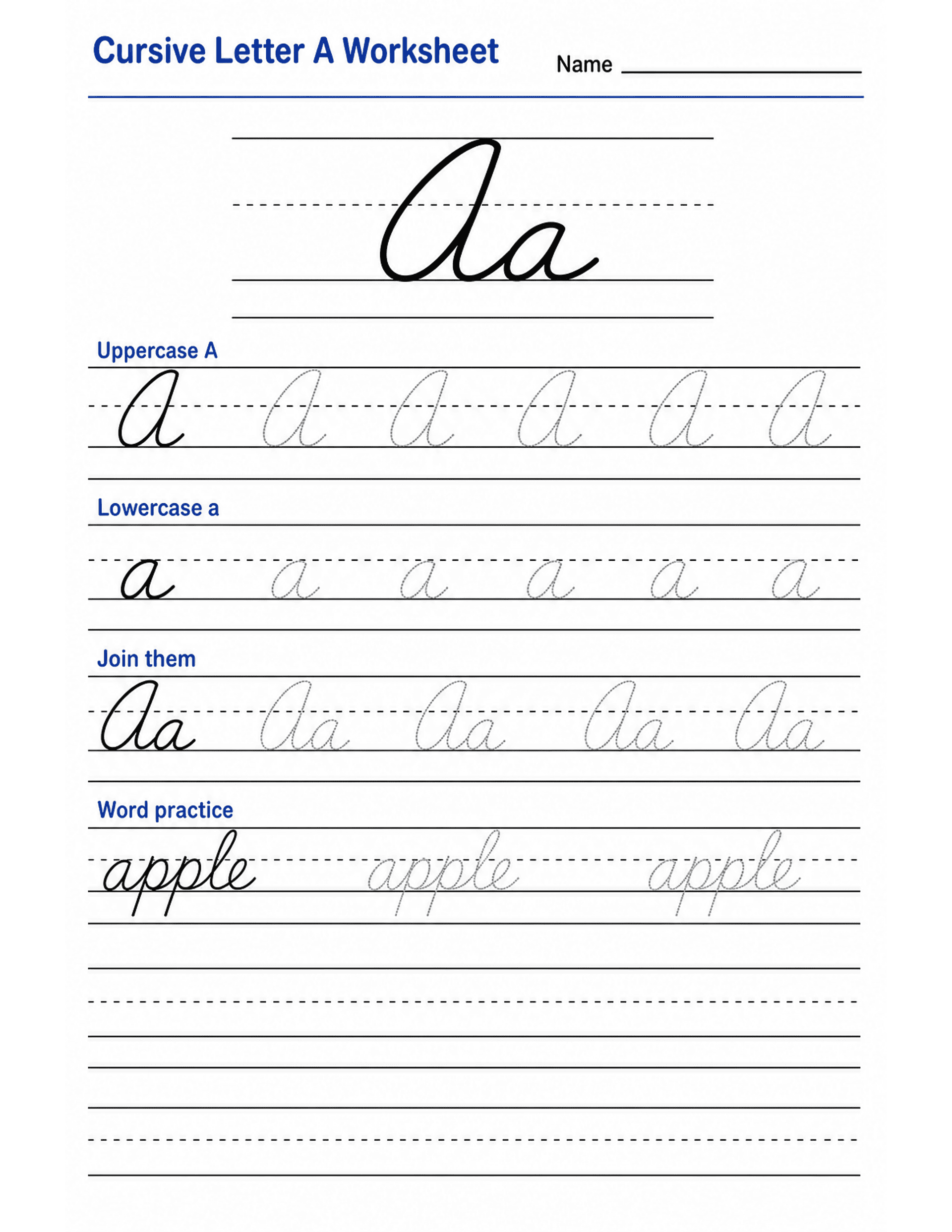 Cursive Letter A Worksheet preview — printable cursive handwriting worksheet