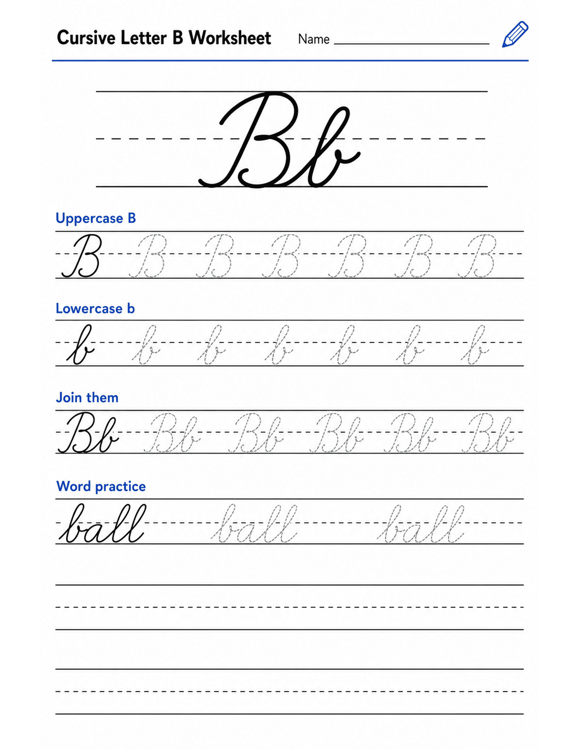 Cursive Letter B Worksheet preview — printable cursive handwriting worksheet