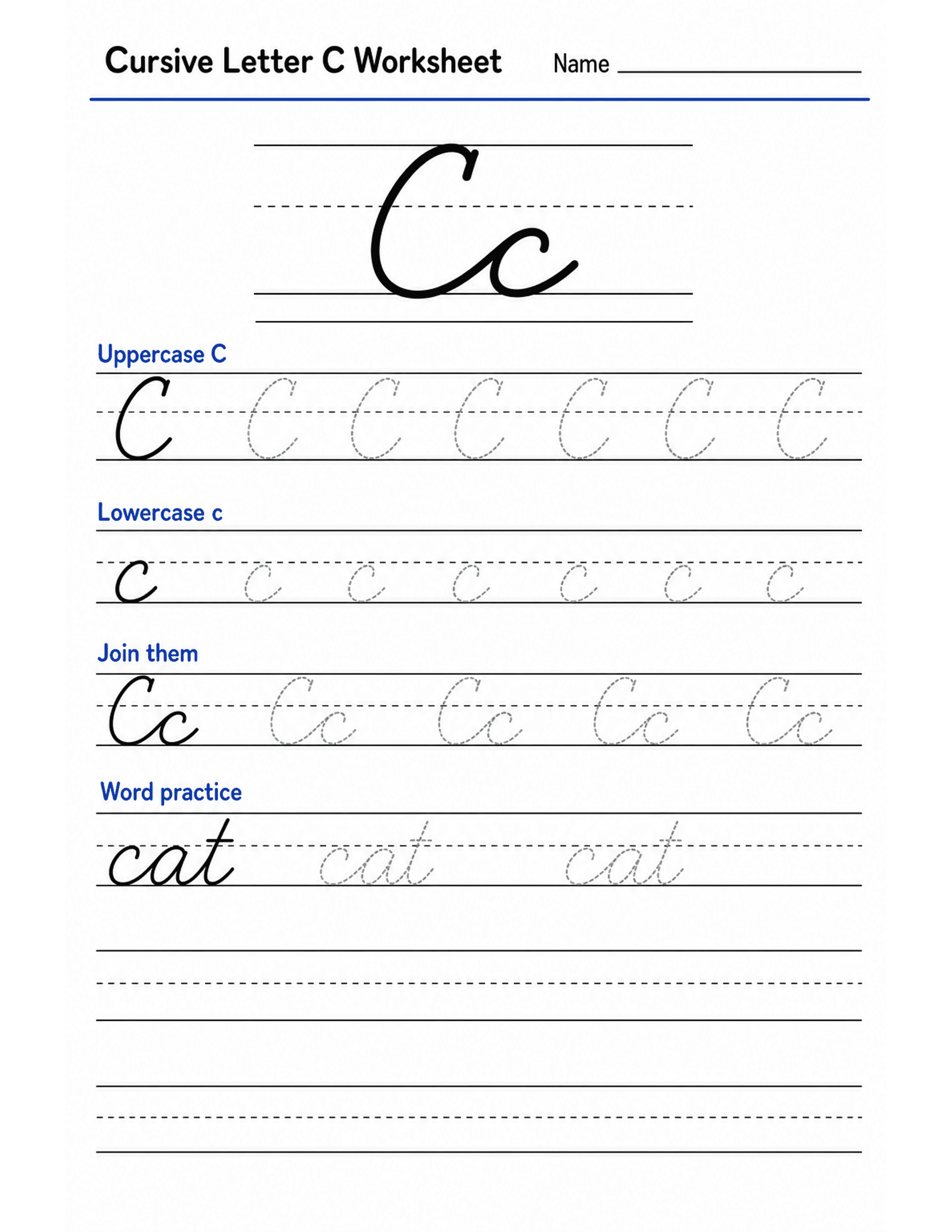 Cursive Letter C Worksheet preview — printable cursive handwriting worksheet