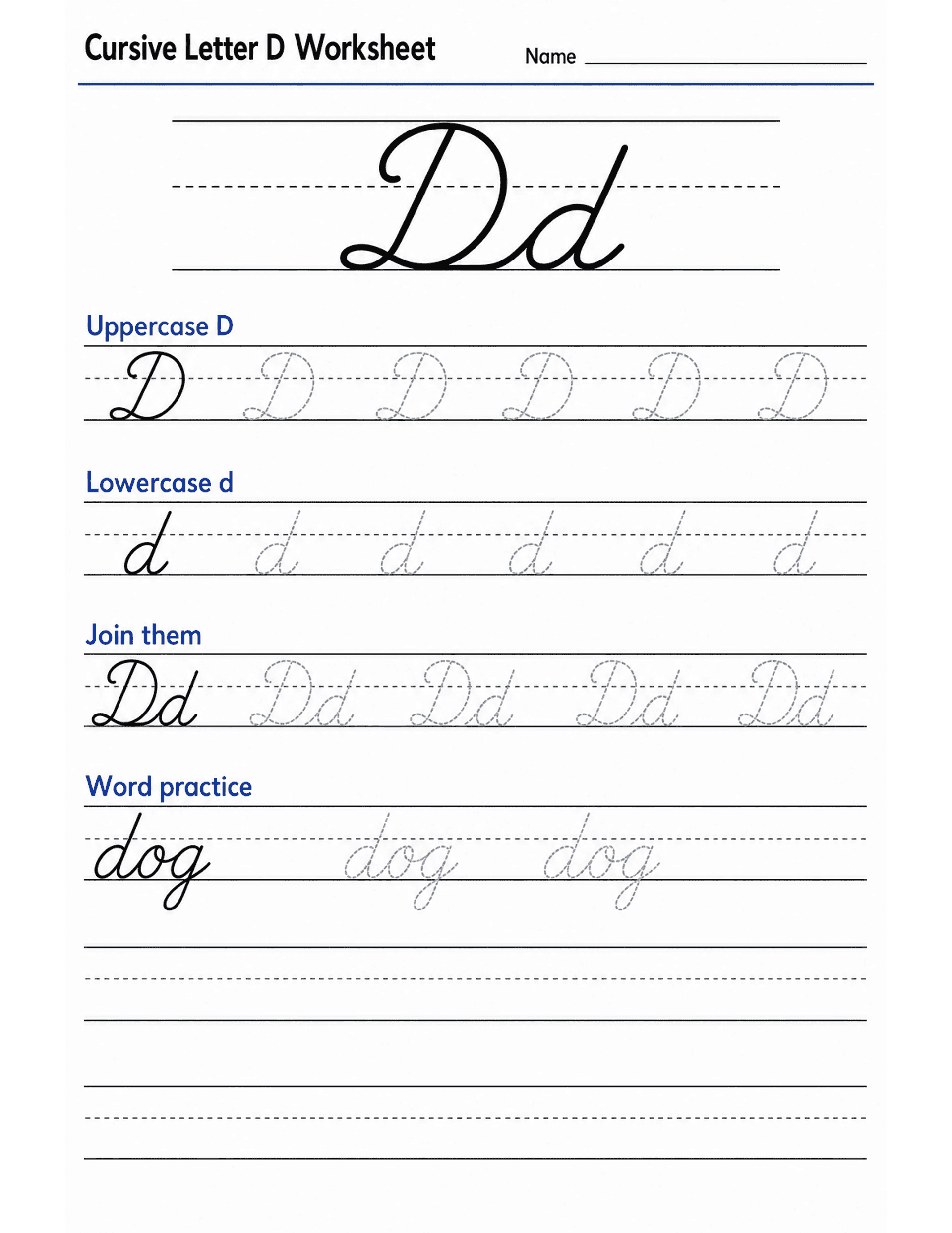 Cursive Letter D Worksheet preview — printable cursive handwriting worksheet