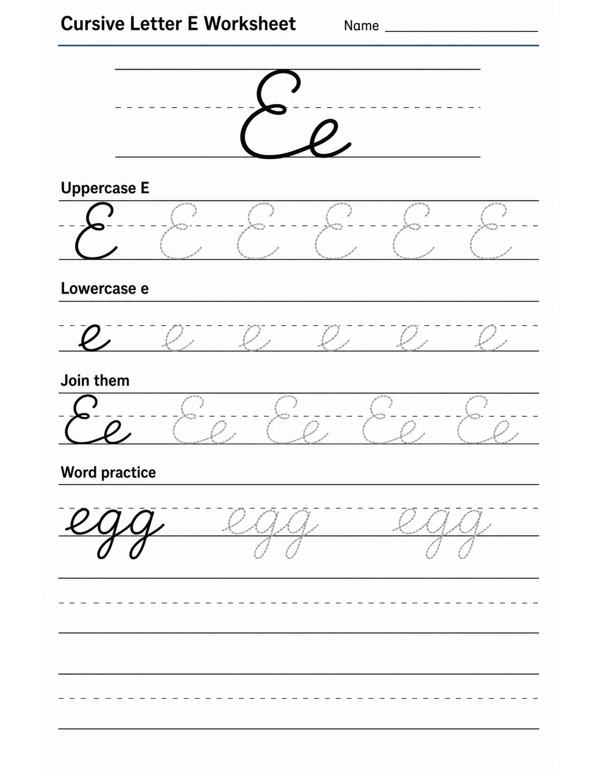 Cursive Letter E Worksheet preview — printable cursive handwriting worksheet