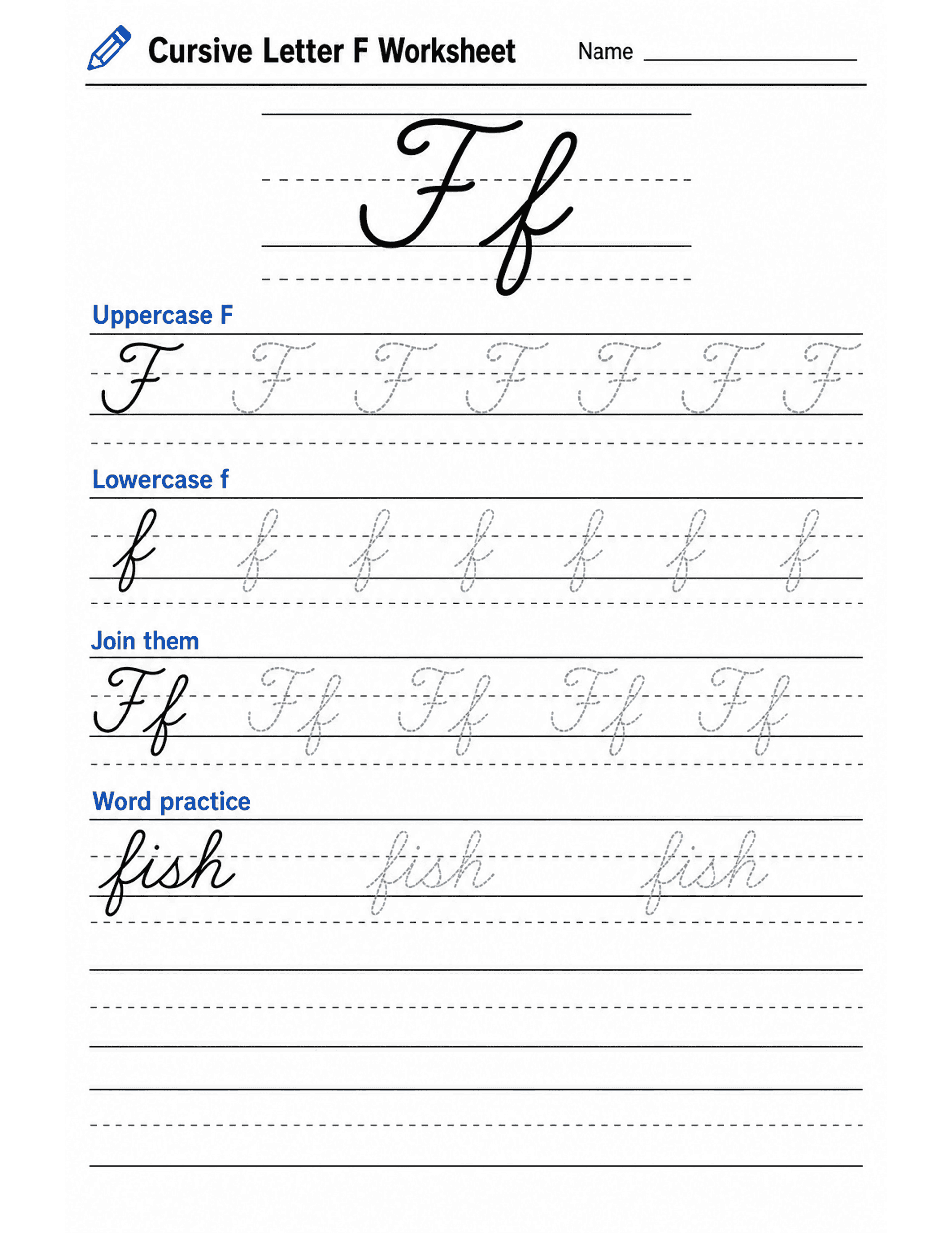 Cursive Letter F Worksheet preview — printable cursive handwriting worksheet