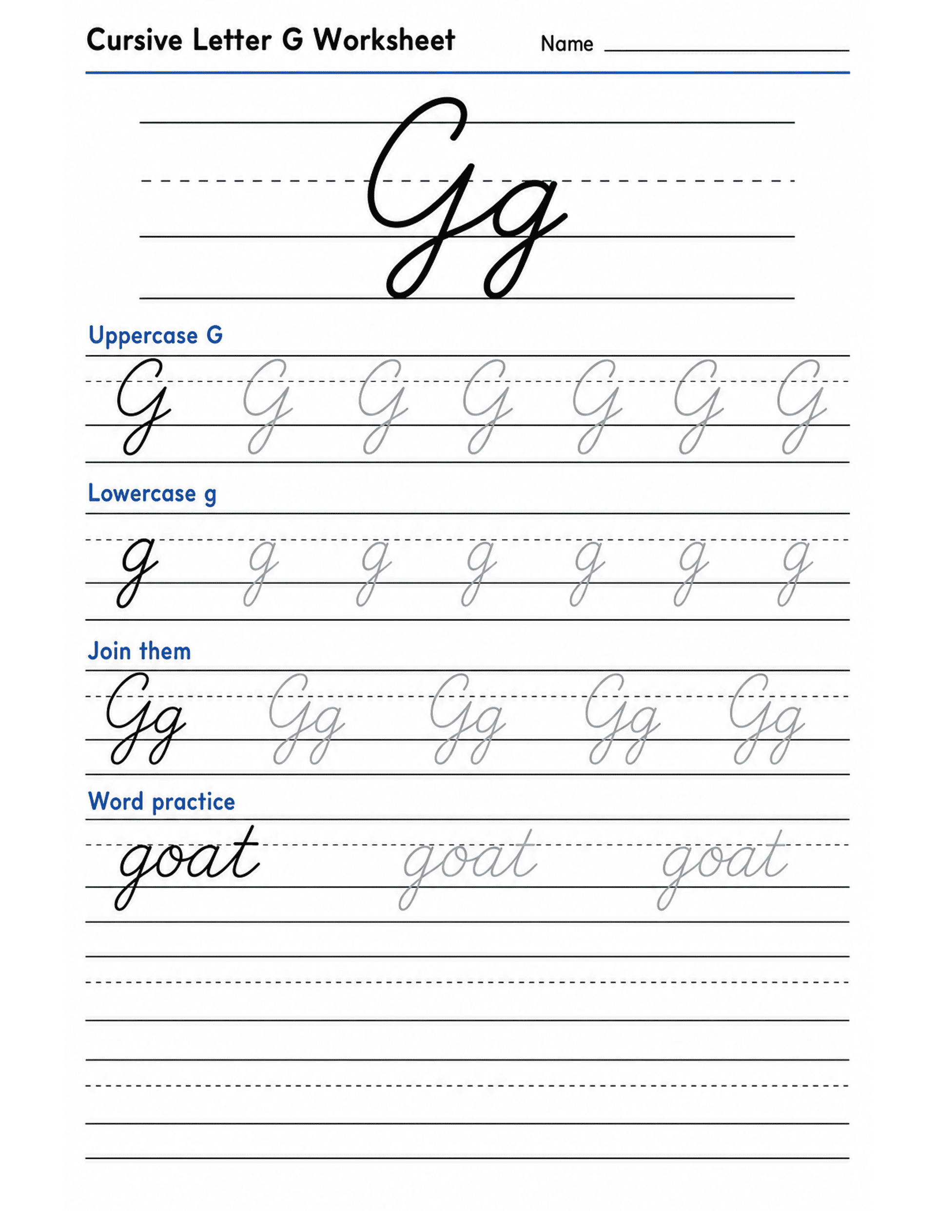 Cursive Letter G Worksheet preview — printable cursive handwriting worksheet