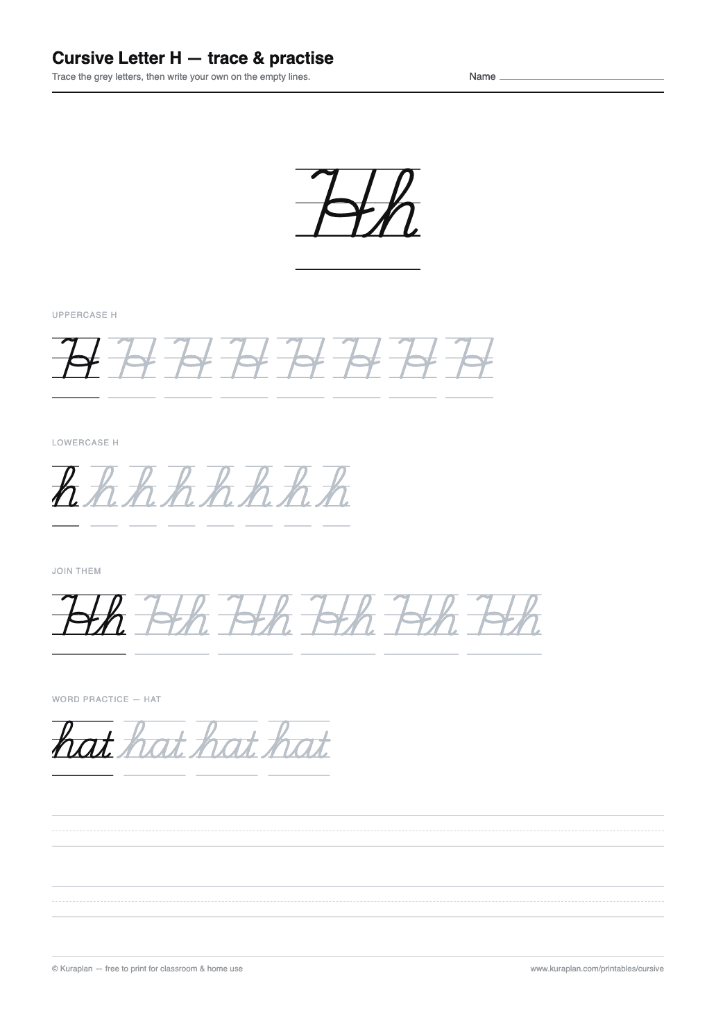 Cursive Letter H Worksheet preview — printable cursive handwriting worksheet
