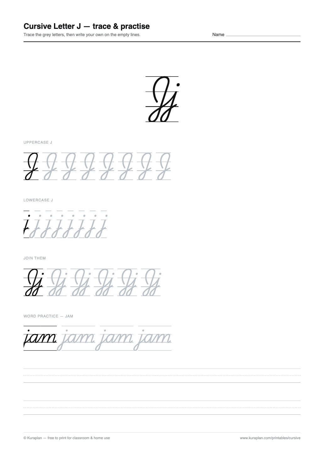 Cursive Letter J Worksheet preview — printable cursive handwriting worksheet
