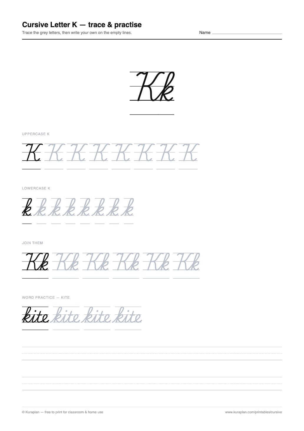 Cursive Letter K Worksheet preview — printable cursive handwriting worksheet