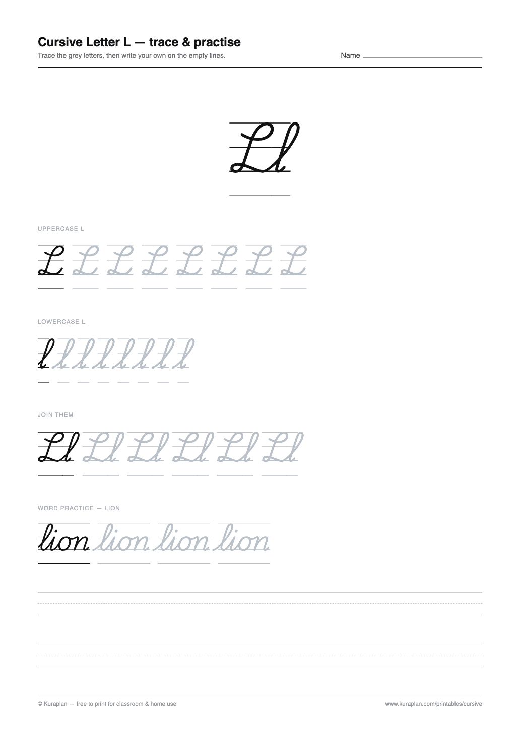 Cursive Letter L Worksheet preview — printable cursive handwriting worksheet