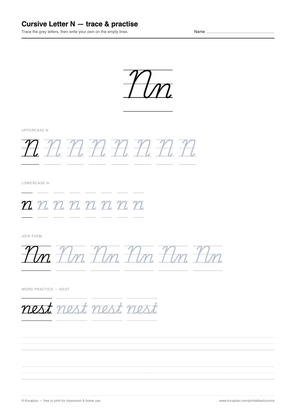 Cursive Letter N Worksheet preview — printable cursive handwriting worksheet
