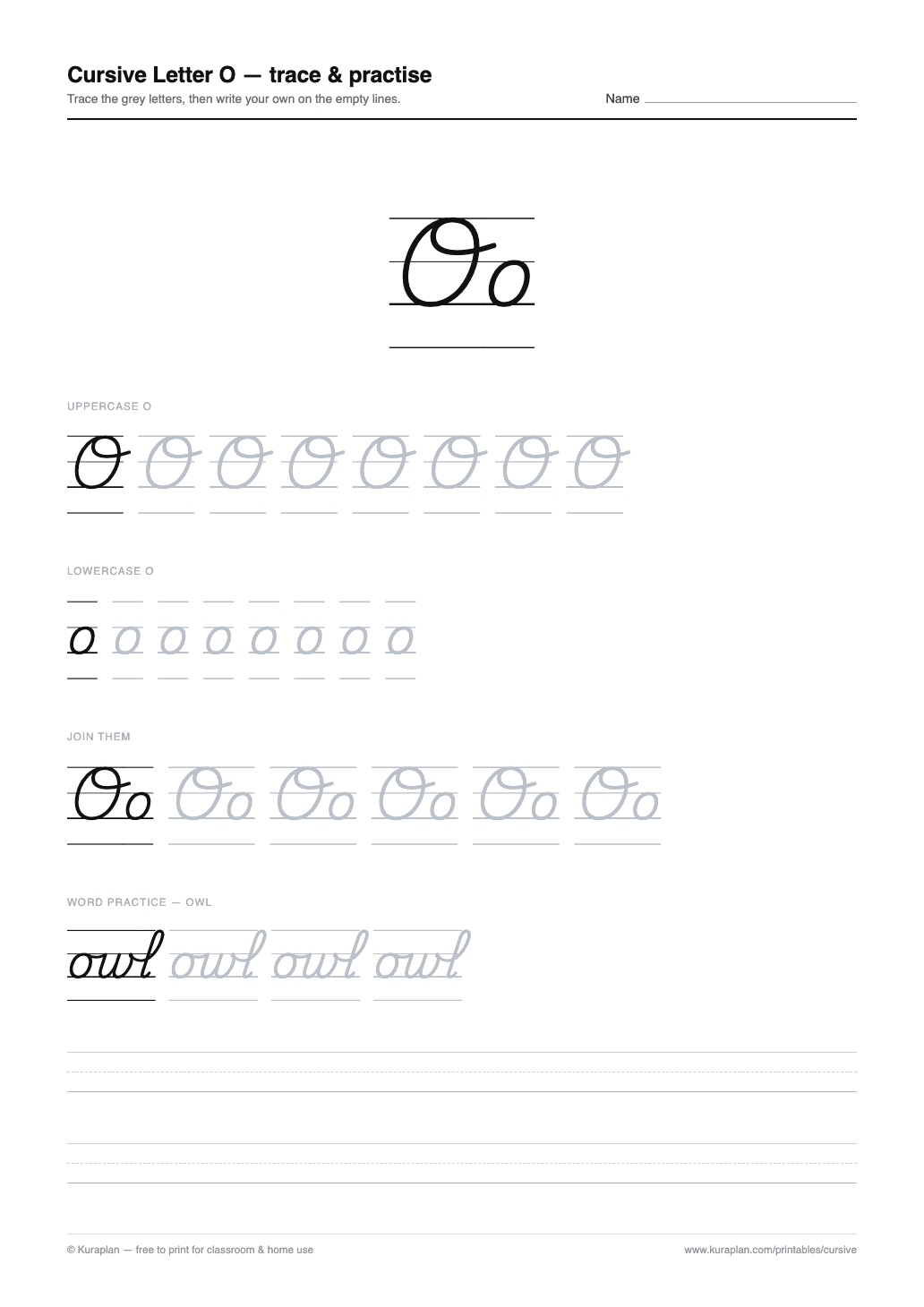 Cursive Letter O Worksheet preview — printable cursive handwriting worksheet