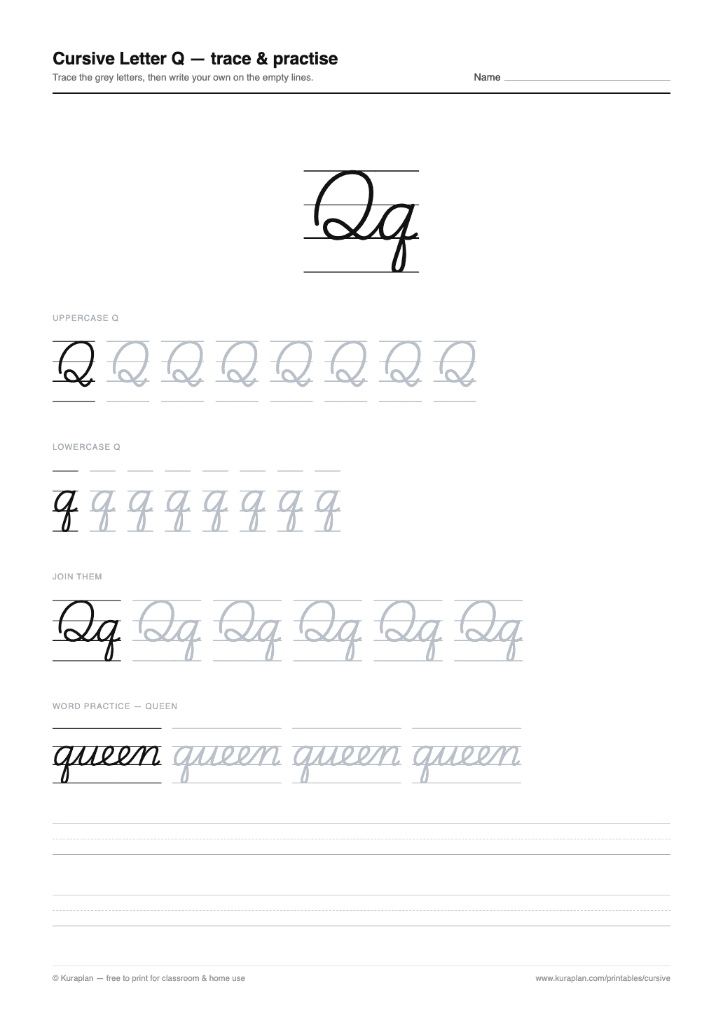 Cursive Letter Q Worksheet preview — printable cursive handwriting worksheet