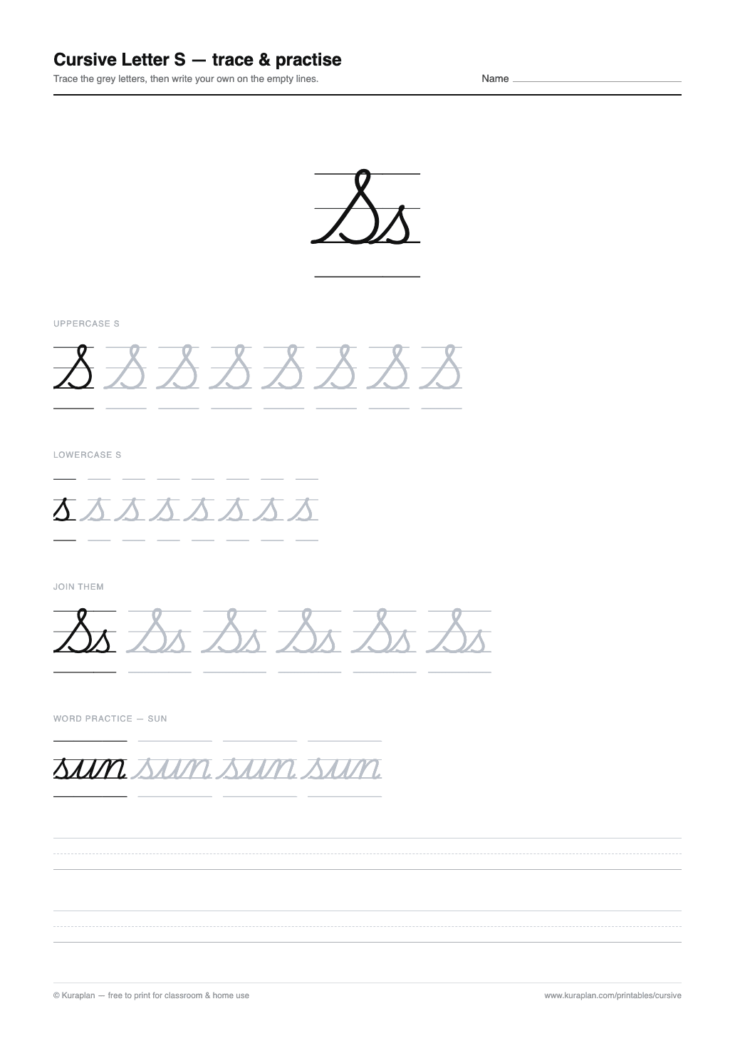 Cursive Letter S Worksheet preview — printable cursive handwriting worksheet