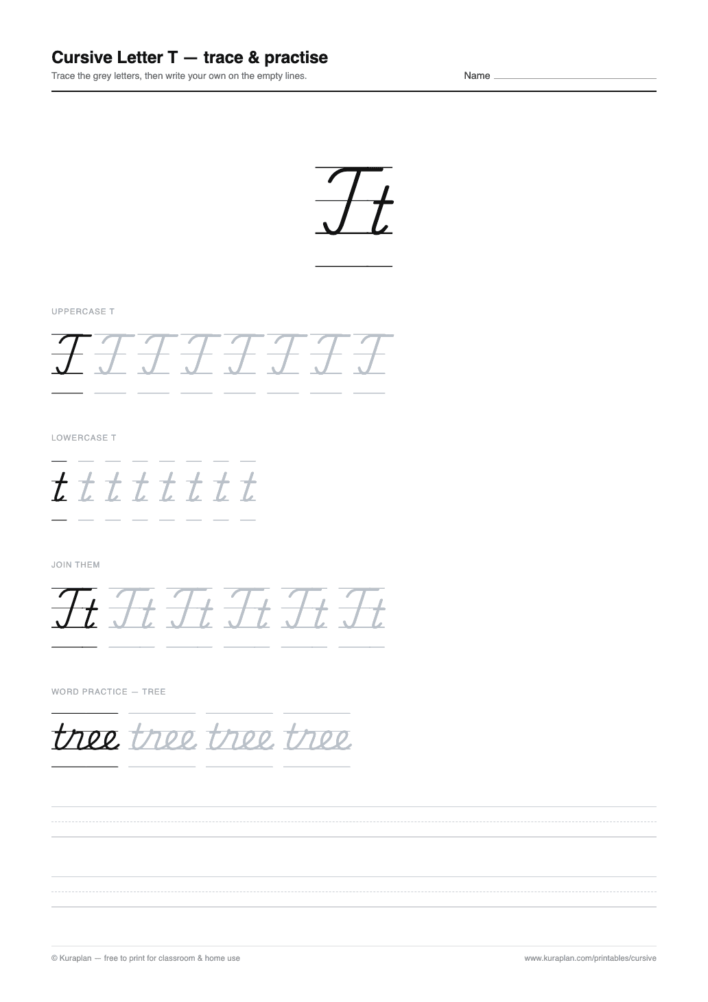 Cursive Letter T Worksheet preview — printable cursive handwriting worksheet