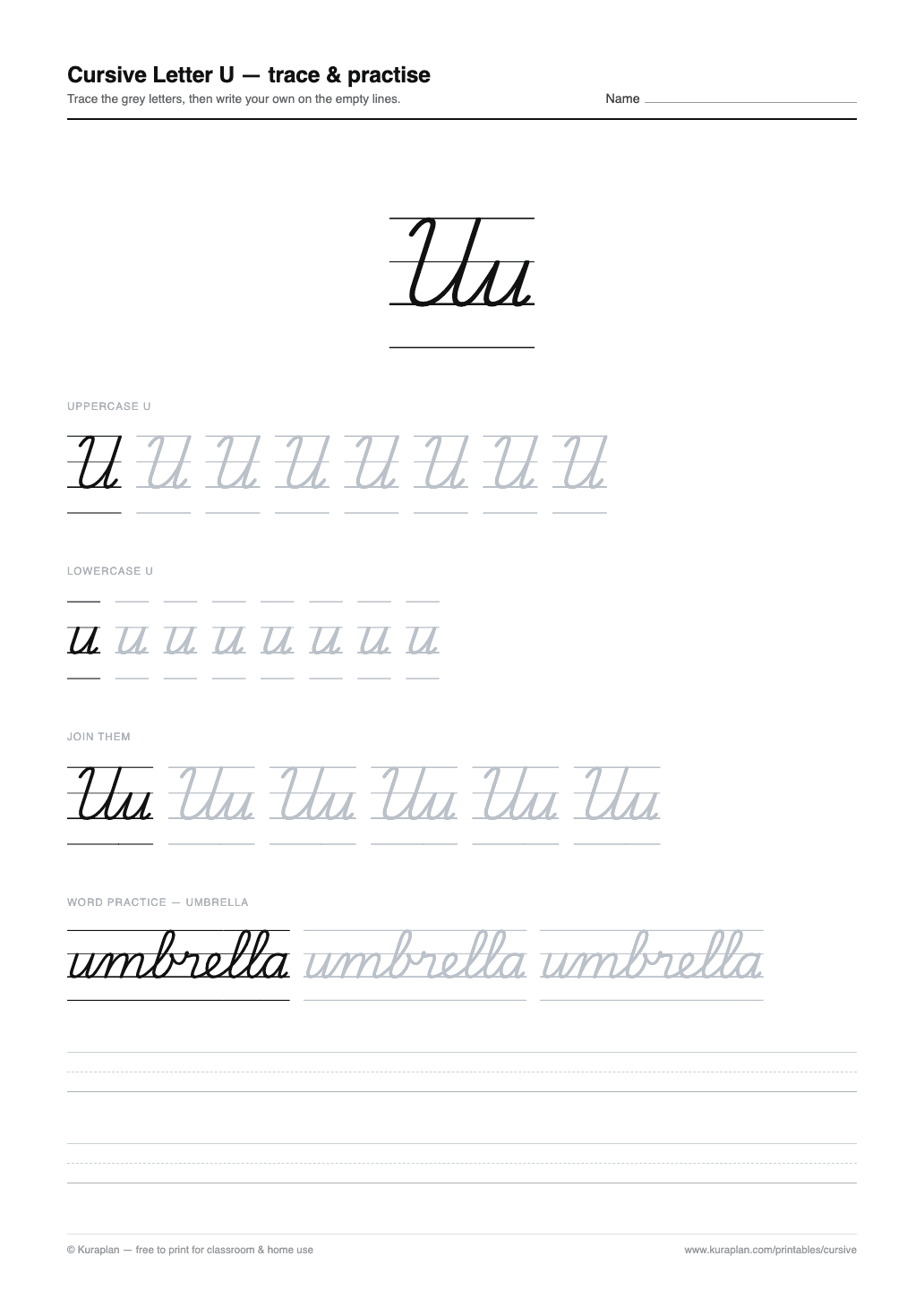 Cursive Letter U Worksheet preview — printable cursive handwriting worksheet