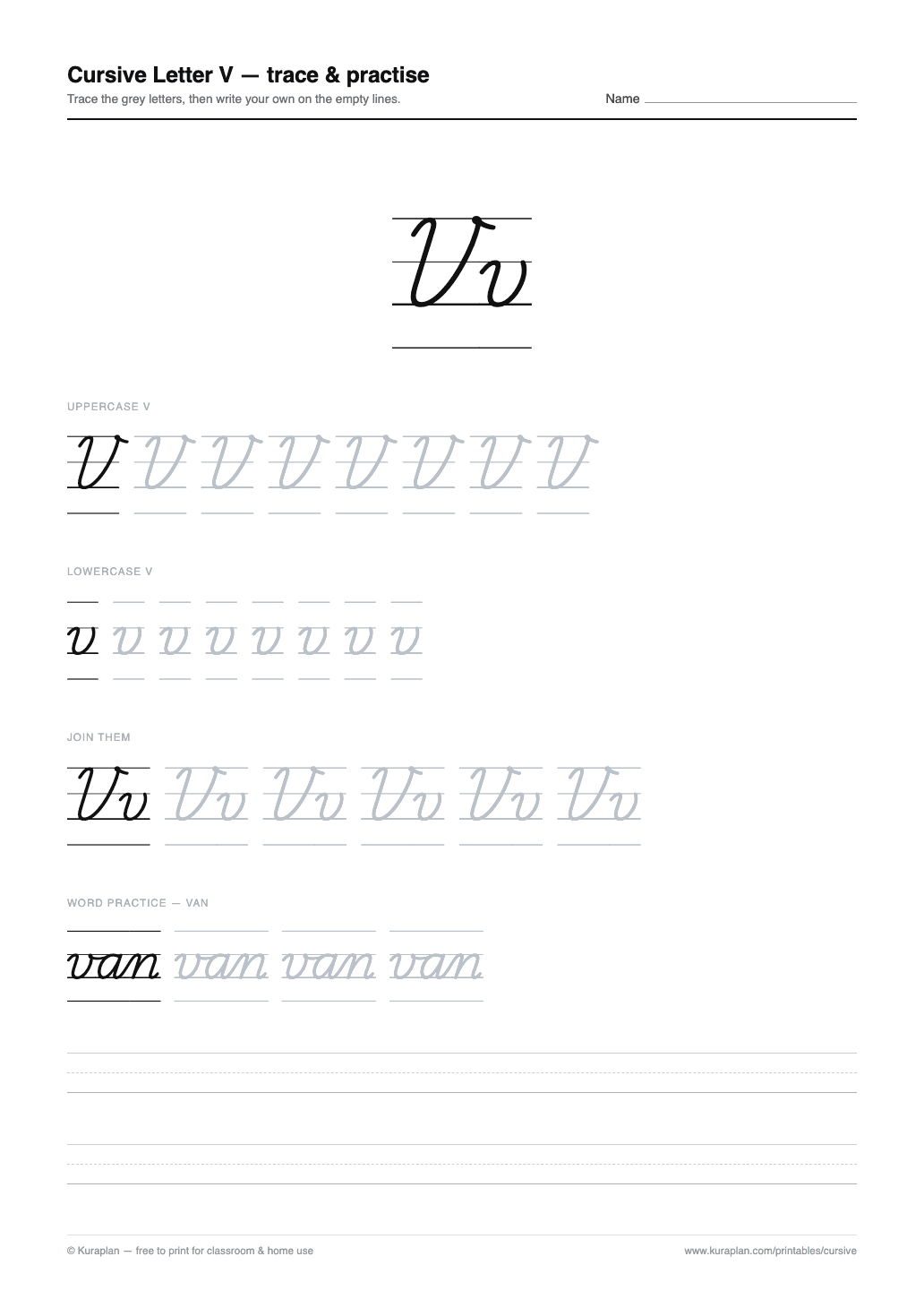 Cursive Letter V Worksheet preview — printable cursive handwriting worksheet