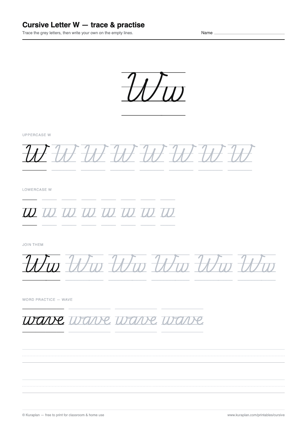 Cursive Letter W Worksheet preview — printable cursive handwriting worksheet