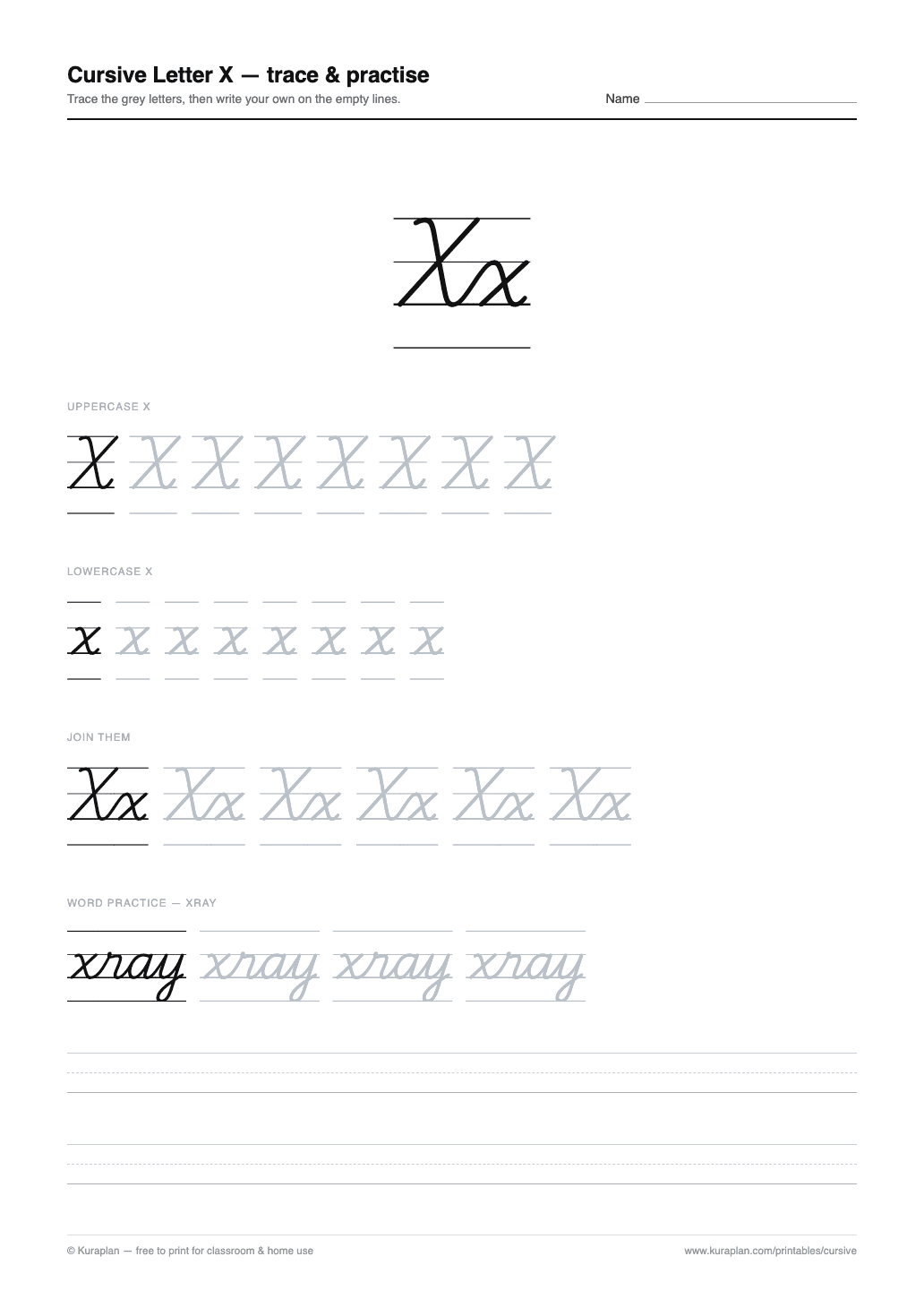 Cursive Letter X Worksheet preview — printable cursive handwriting worksheet