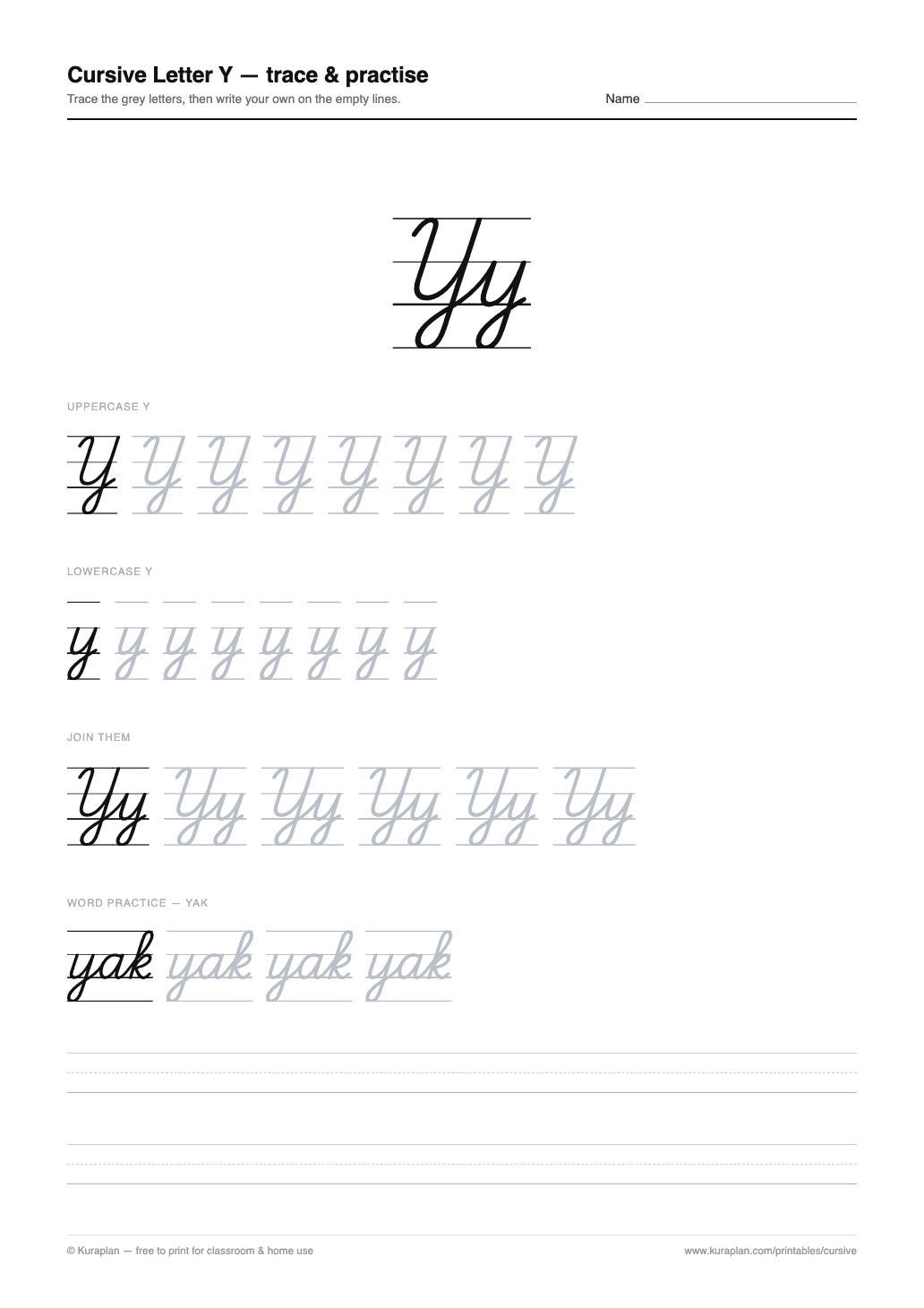 Cursive Letter Y Worksheet preview — printable cursive handwriting worksheet