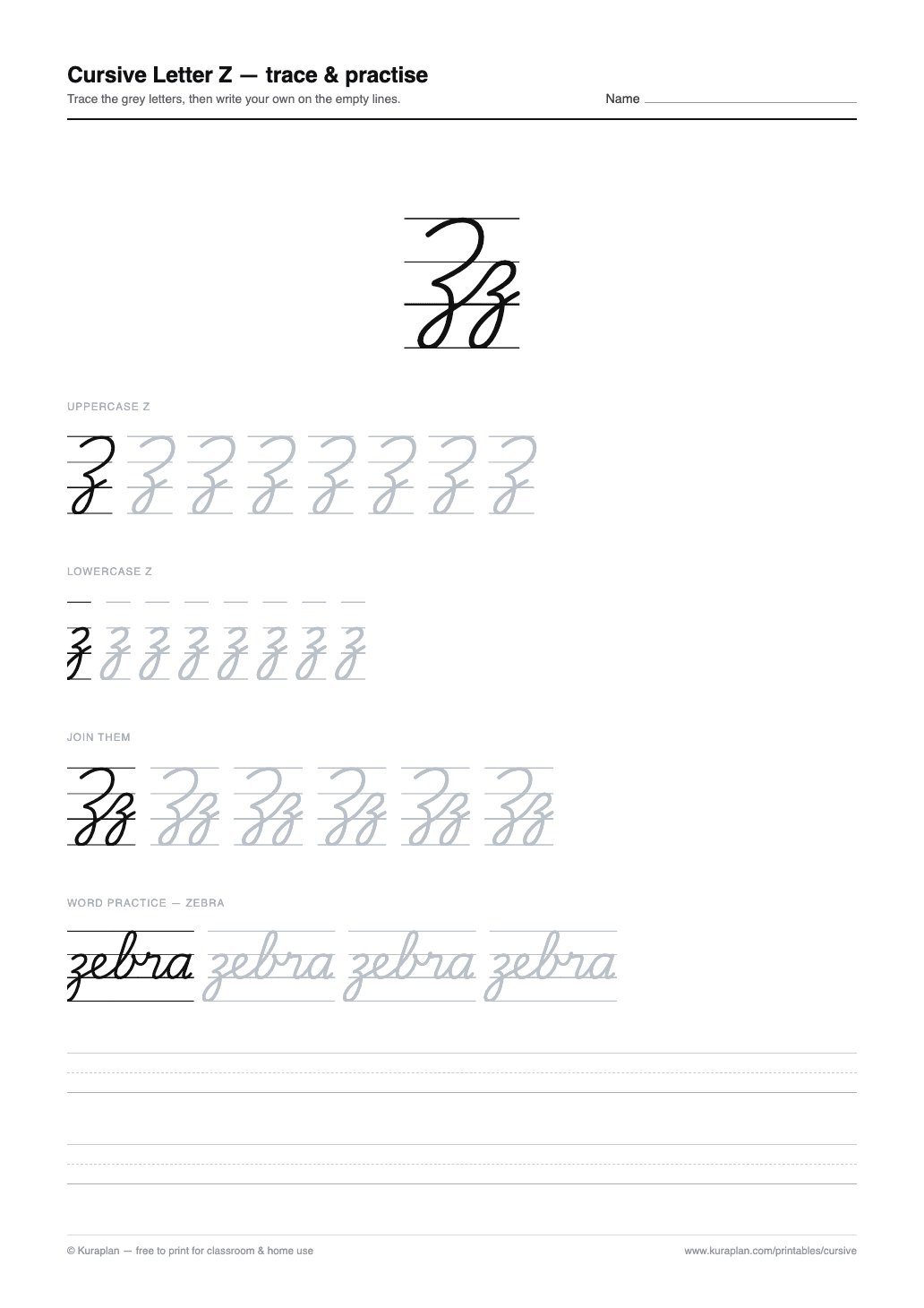 Cursive Letter Z Worksheet preview — printable cursive handwriting worksheet