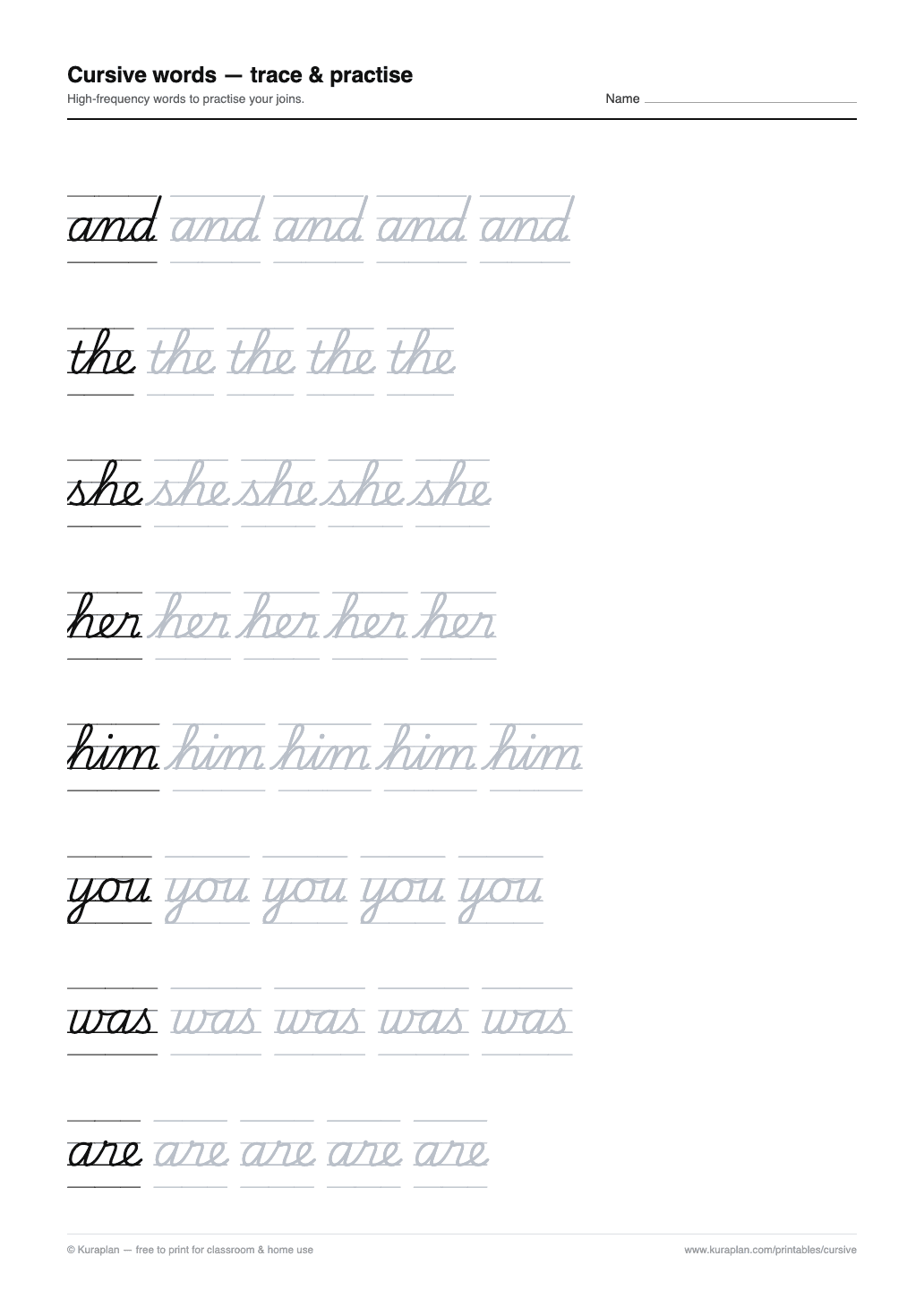 Cursive Words Practice Worksheet preview — printable cursive handwriting worksheet