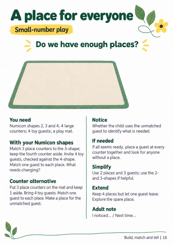 A4 adult guide, “A place for everyone”, with material lists, Numicon and counter routes, checking prompts and space for a brief adult note.
