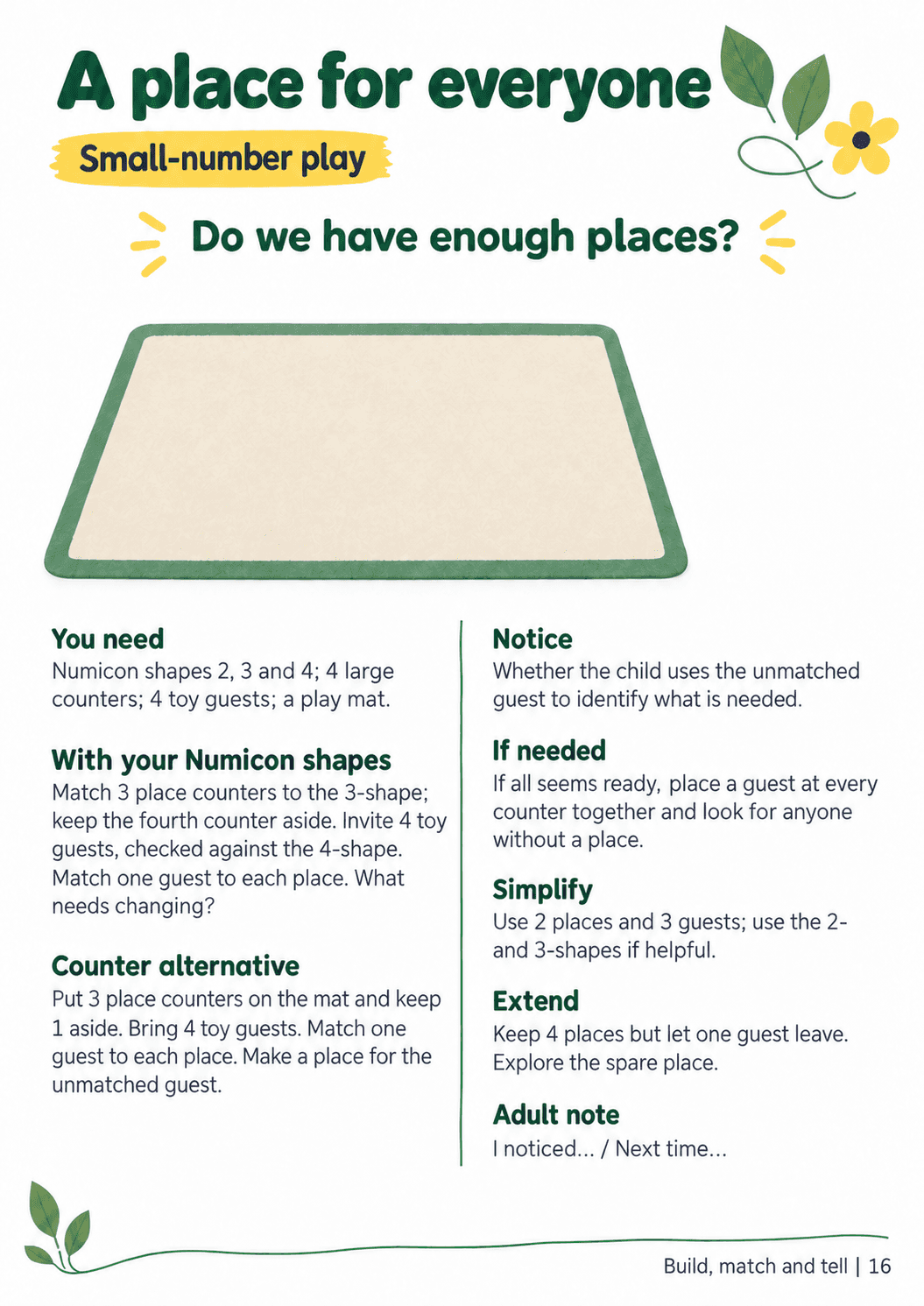 A4 adult guide, “A place for everyone”, with material lists, Numicon and counter routes, checking prompts and space for a brief adult note.